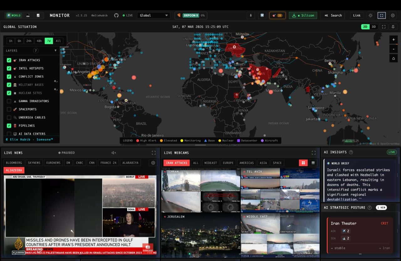 World Monitor live intelligence dashboard &mdash; global map with conflict, shipping and market layers
